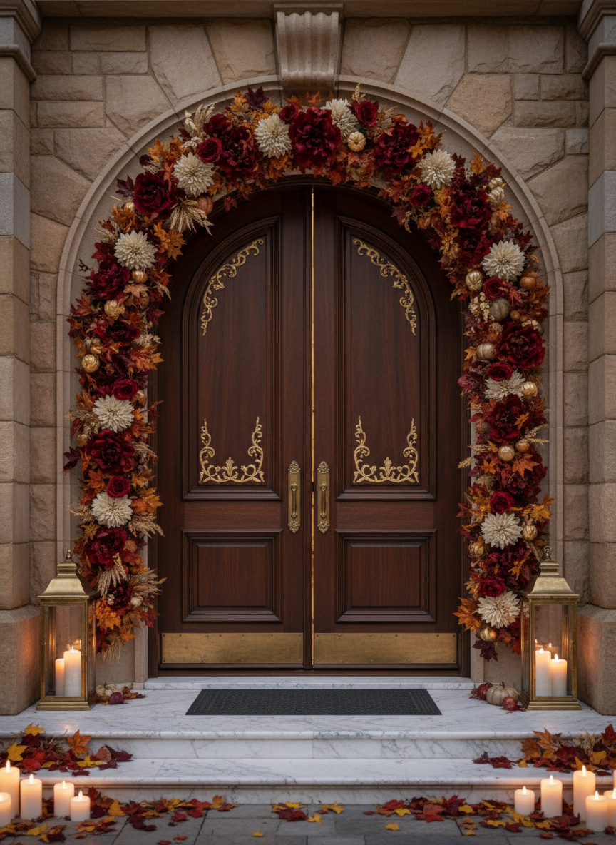 The Thanksgiving invitation’s grand autumn front doors