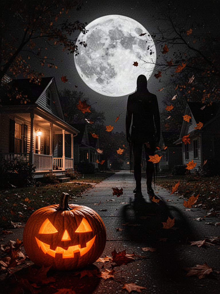 A moonlit street on Halloween night with a glowing jack-o'-lantern