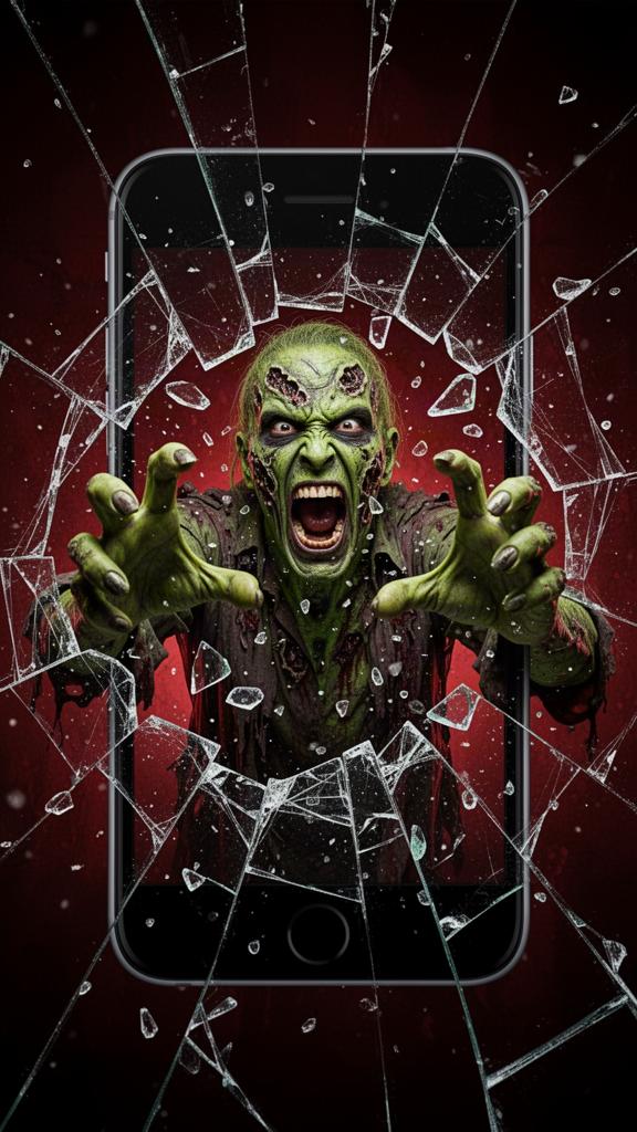 A zombie bursting out of a shattered phone screen