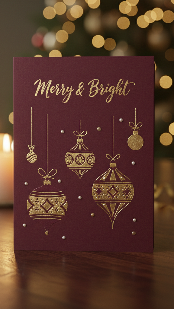 Burgundy Ornament Glow Merry Christmas card