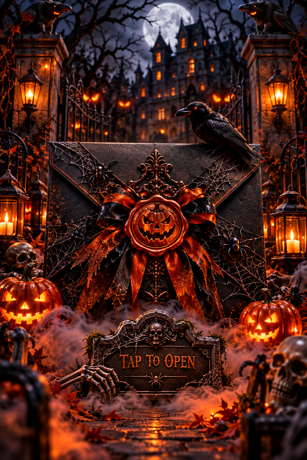 The actual haunted gothic Halloween invitation cover with glowing pumpkins and mist