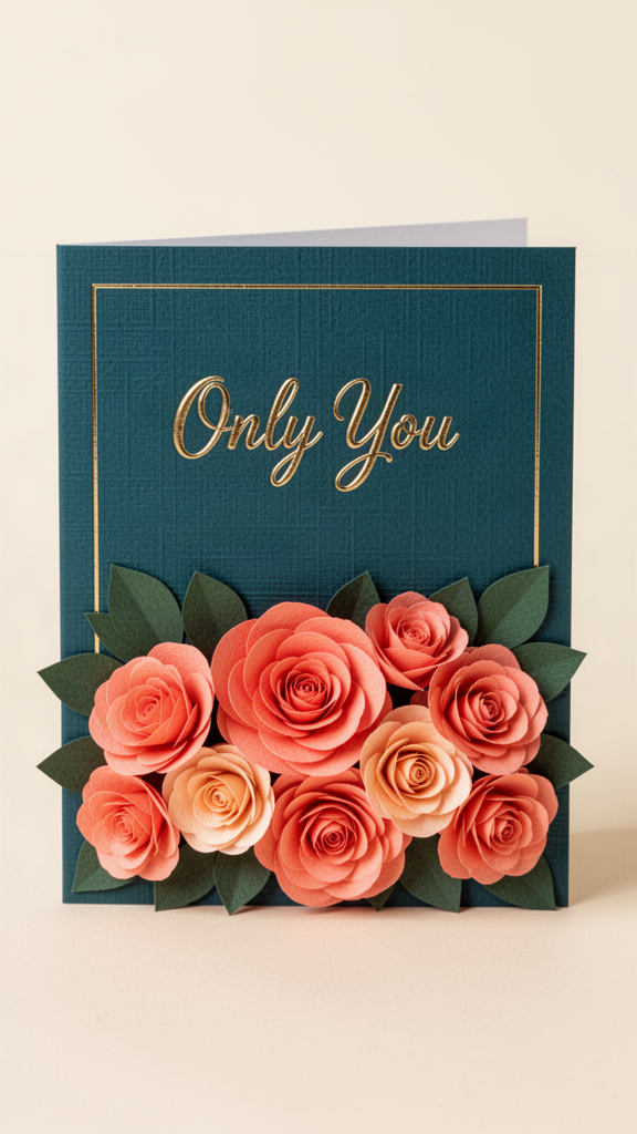 Coral Roses on Teal I Love You card