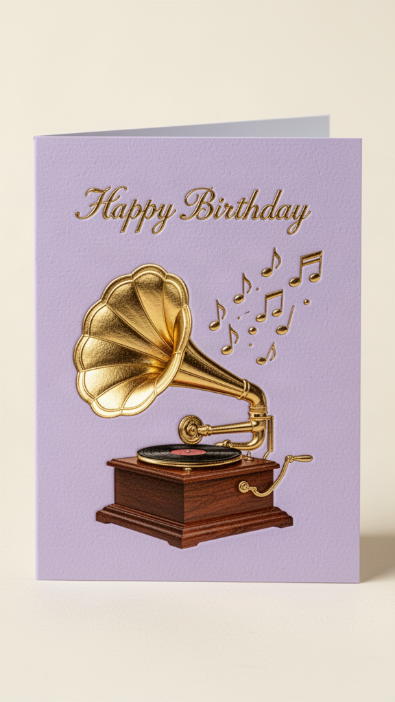 Lavender Gramophone Happy Birthday card