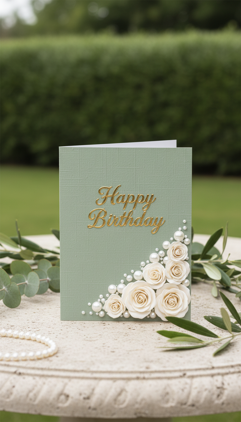Sage & Pearls Happy Birthday card