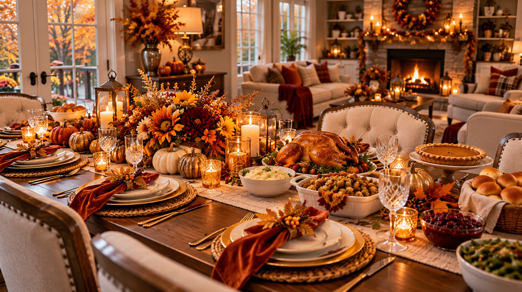 A festive candlelit Thanksgiving table with a turkey, fall flowers, pumpkins and a glowing fireplace behind