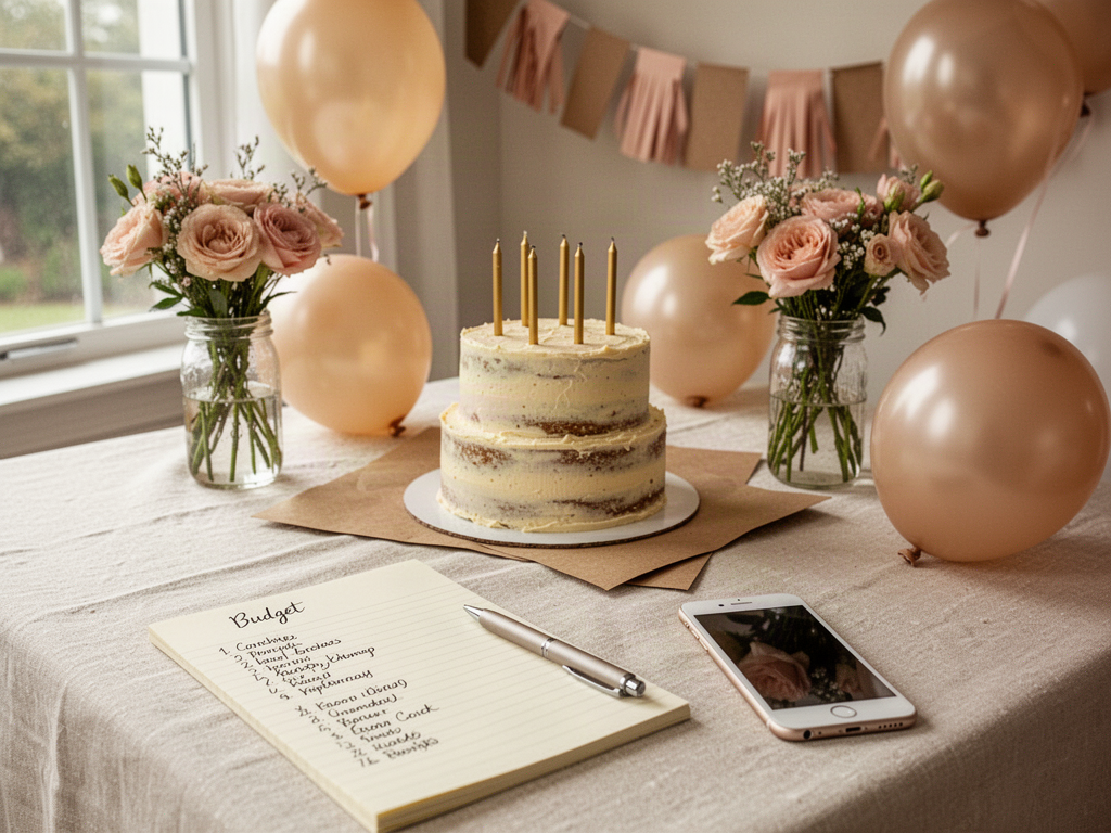 An at-home birthday party on a budget: a simple two-tier cake with gold candles, blush and champagne balloons, jar flowers and a handwritten budget list on an ivory linen table