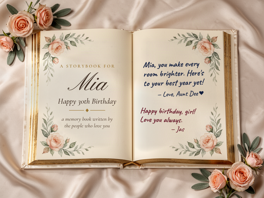 An open storybook journal: 'A storybook for Mia, Happy 30th Birthday' with handwritten notes from family and friends