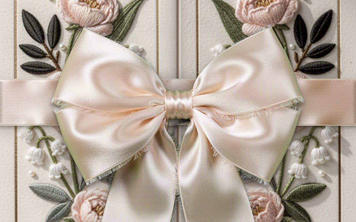 Peony Bow digital wedding invitation: a cream satin bow tied over embroidered blush peonies and lily of the valley